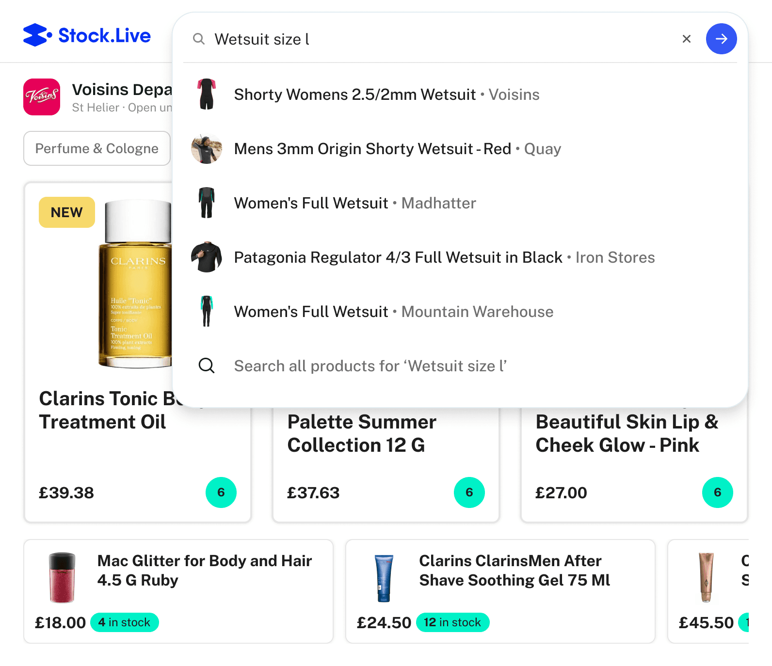 Stock.Live Jersey search showing local shops and available products for a wetsuit search.